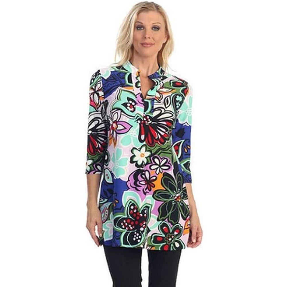 Caribe Multicolor Mandarin Collar Tunic Top  2X